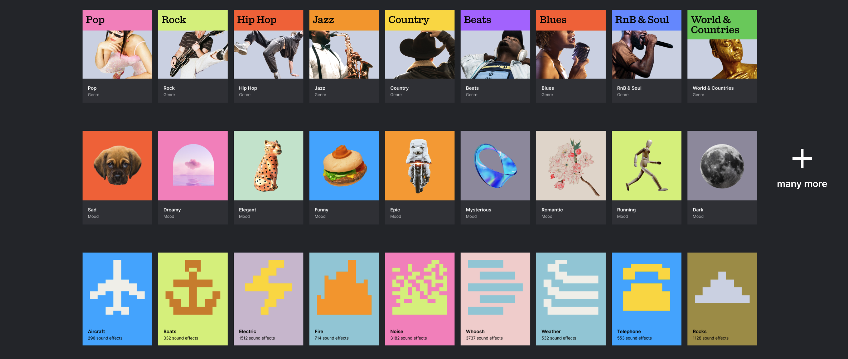 A grid of music genres and sound-effect categories